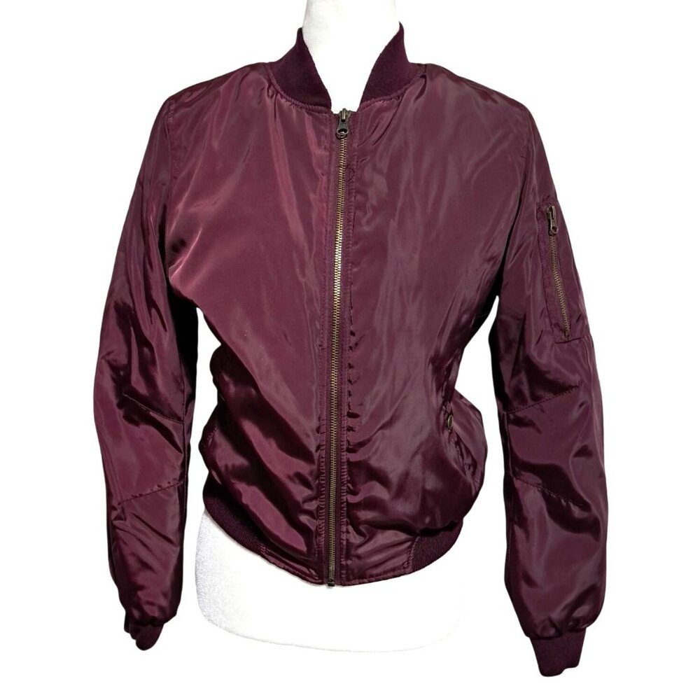 Retro Plum Satin‎ Bomber Jacket Miss London Black Label Y2K Puffer Sz S
